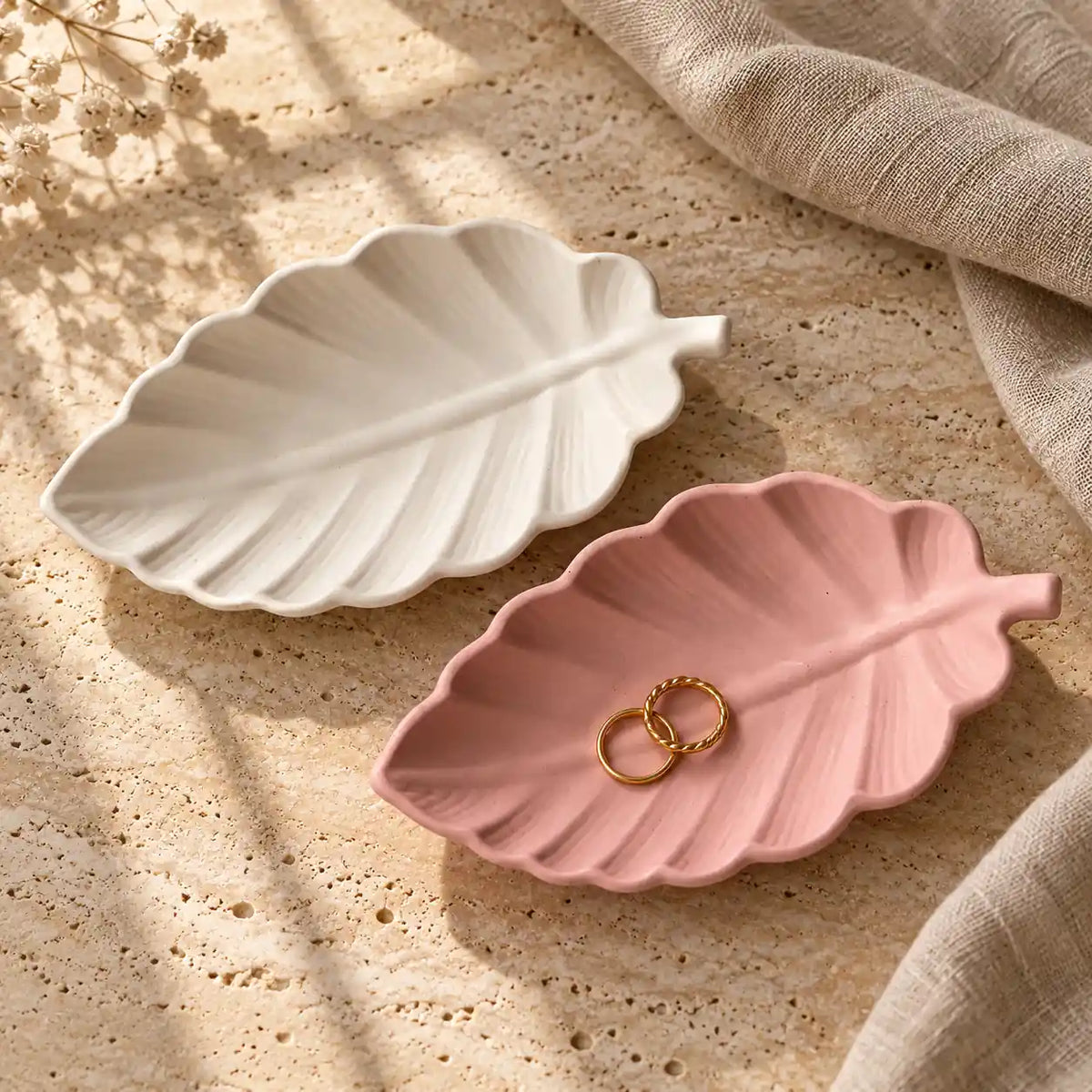Handmade Concrete Leaf Trinket Tray – Ivory or Blush Pink – detail view
