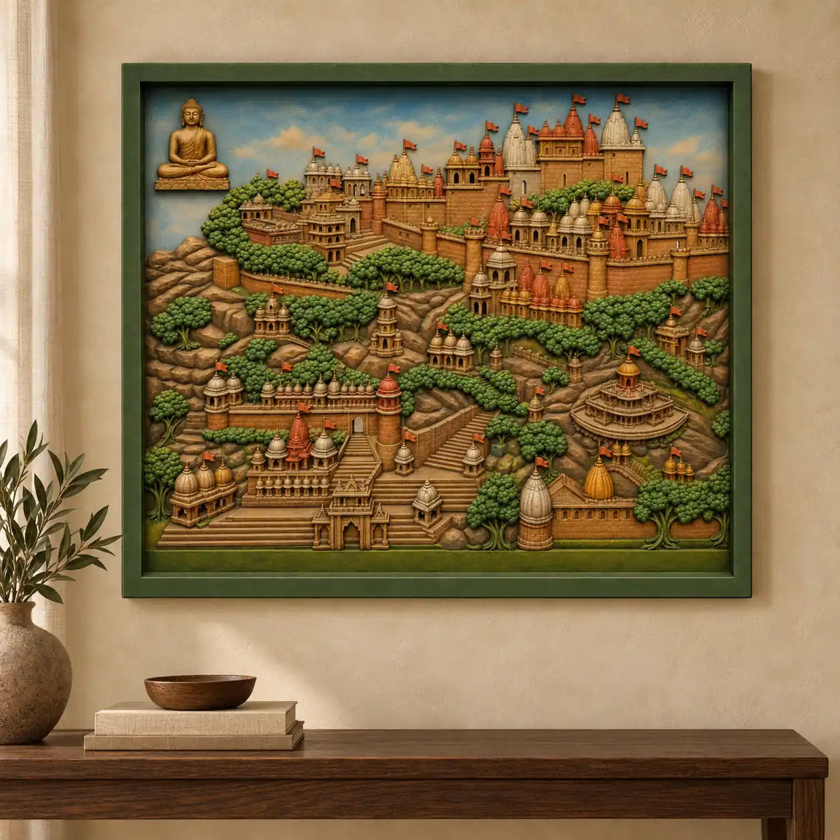 Handmade Temple Cityscape Mural Art – Framed Relief Wall Décor – Compact composition