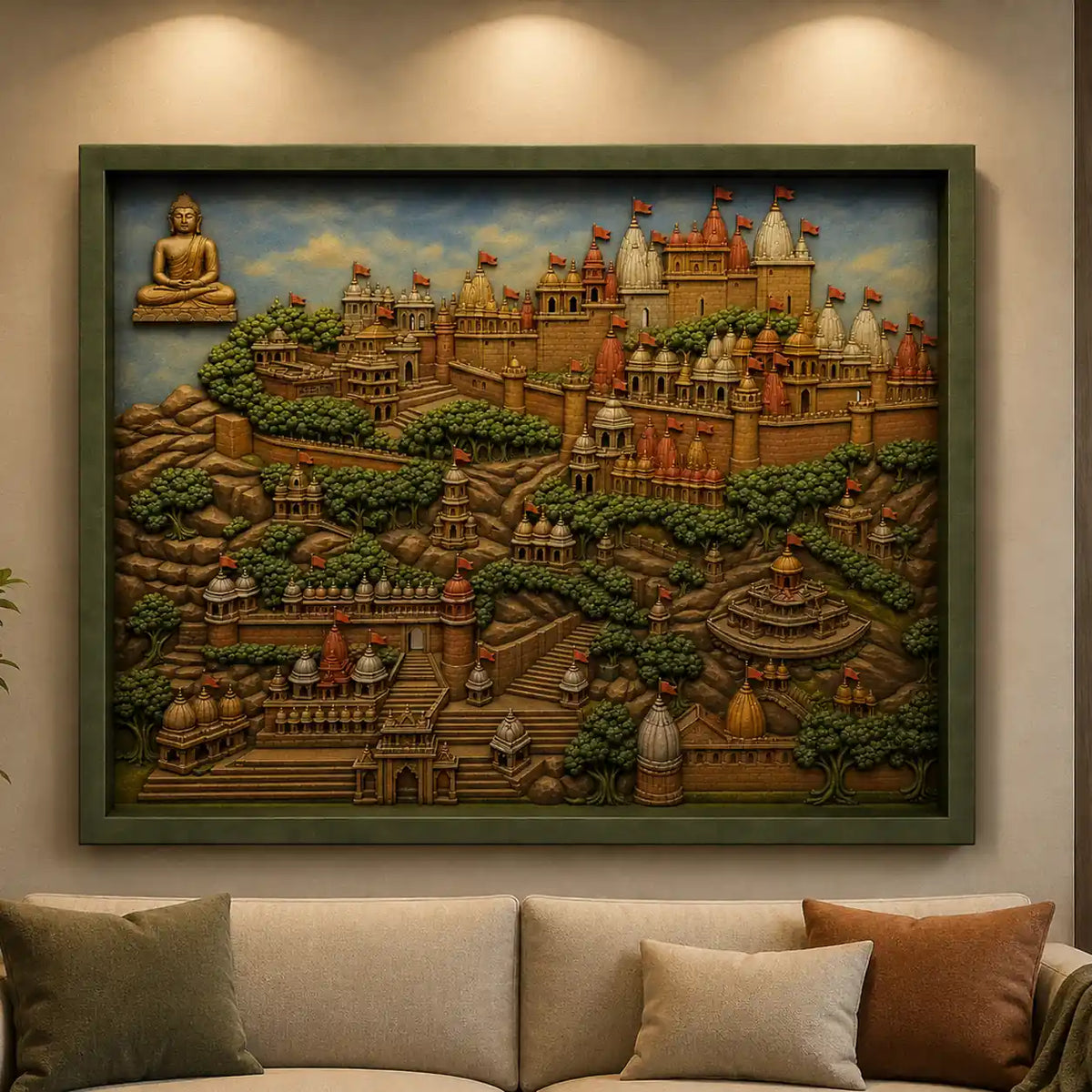 Handmade Temple Cityscape Mural Art – Framed Relief Wall Décor – interior display