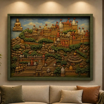 Handmade Temple Cityscape Mural Art – Framed Relief Wall Décor – interior display