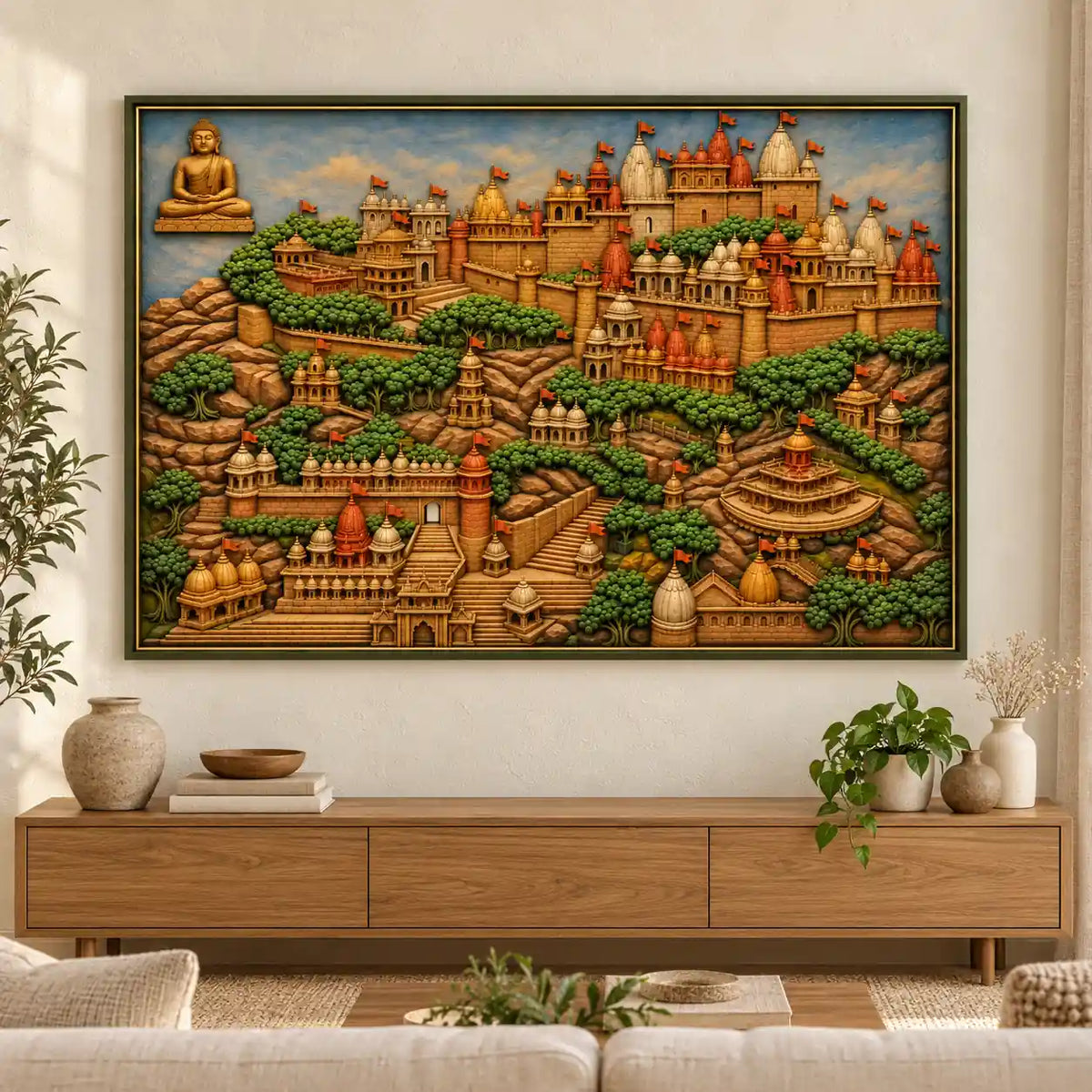 Handmade Temple Cityscape Mural Art – Framed Relief Wall Décor – Landscape composition