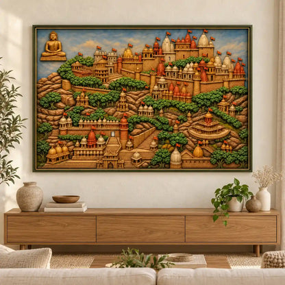 Handmade Temple Cityscape Mural Art – Framed Relief Wall Décor – Landscape composition