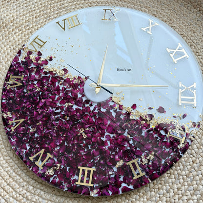 Handmade Botanical Resin Clock | Dried Rose Petals, Gold Leaf, Roman Numerals