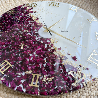 Handmade Botanical Resin Clock | Dried Rose Petals, Gold Leaf, Roman Numerals