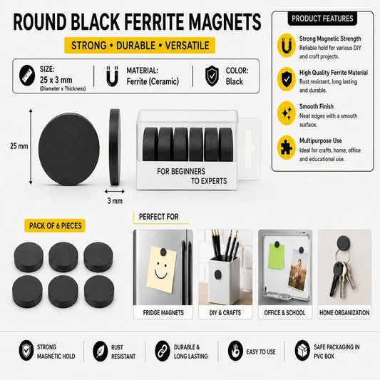 25× 3 mm Round Black Ferrite Magnets – Pack of 12