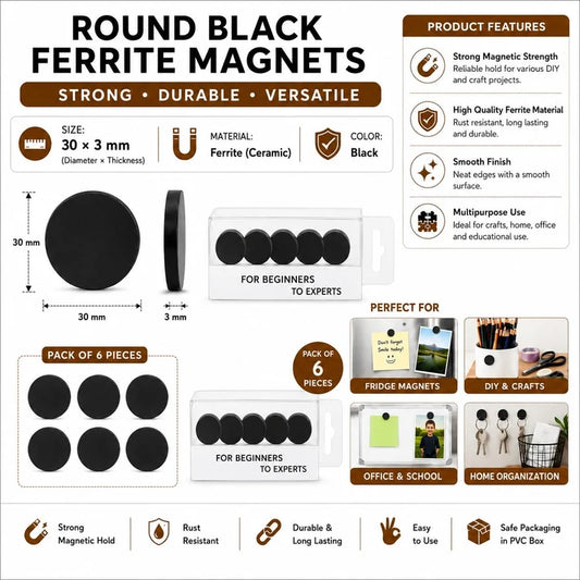 30 × 3 mm Round Black Ferrite Magnets – Pack of 12