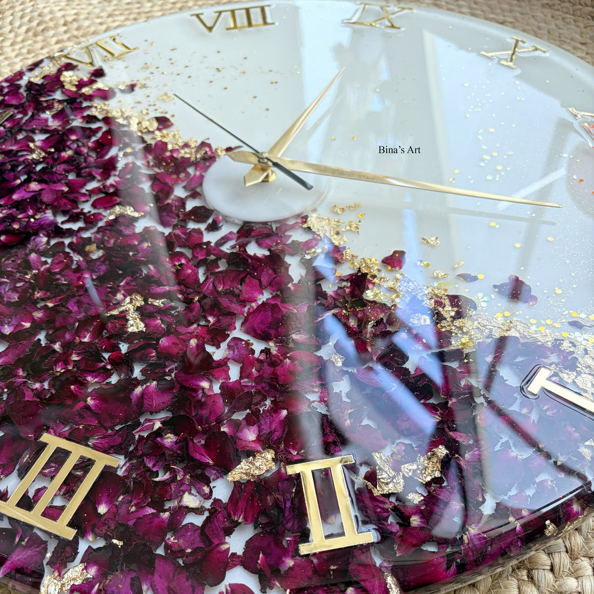 Handmade Botanical Resin Clock | Dried Rose Petals, Gold Leaf, Roman Numerals