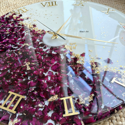 Handmade Botanical Resin Clock | Dried Rose Petals, Gold Leaf, Roman Numerals
