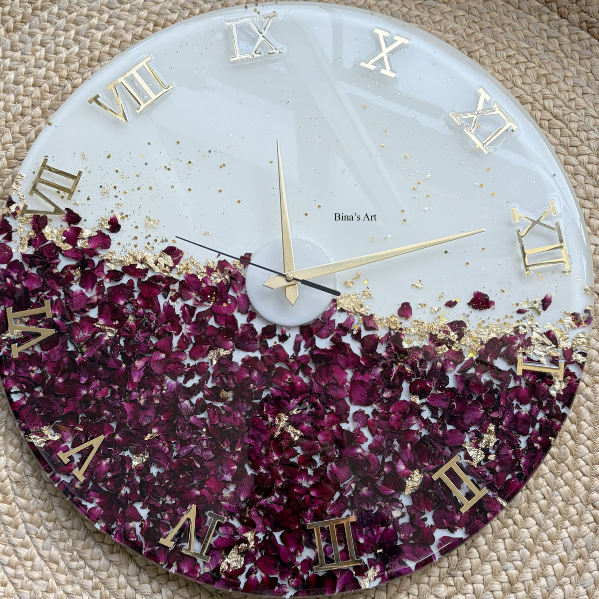 Handmade Botanical Resin Clock | Dried Rose Petals, Gold Leaf, Roman Numerals