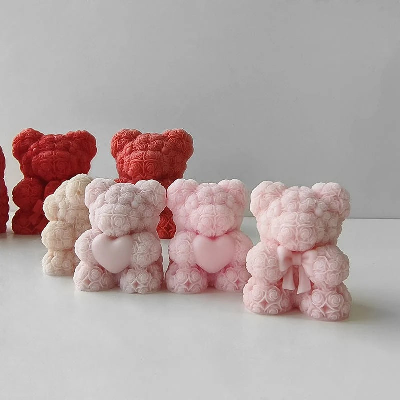 3D Rose Flower Teddy Bear With Bow Candle Handmade Mould