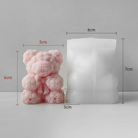 3D Rose Flower Teddy Bear With Bow Candle Handmade Mould