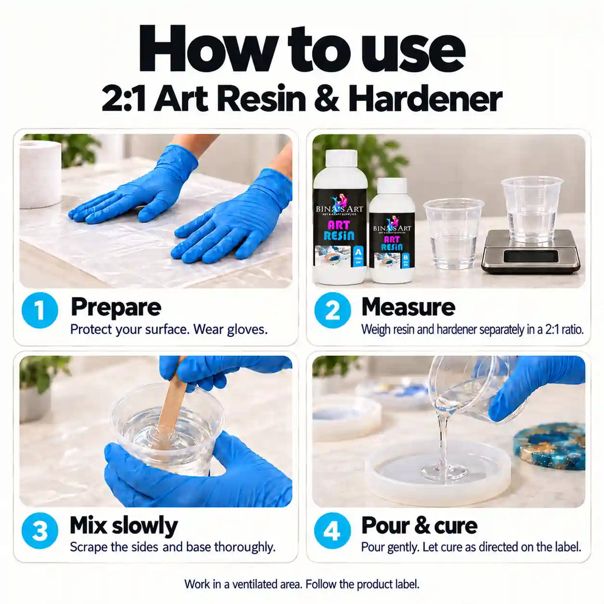 How to use Bina's Art 2:1 art resin and hardener: prepare, measure, mix, pour and cure