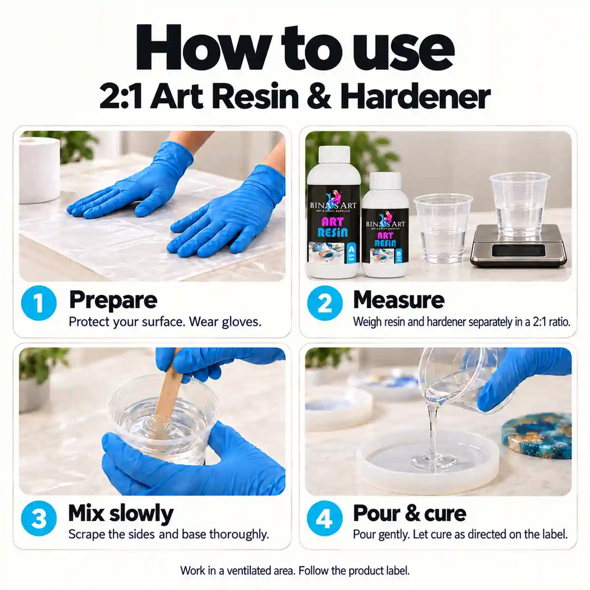 How to use Bina's Art 2:1 art resin and hardener: prepare, measure, mix, pour and cure