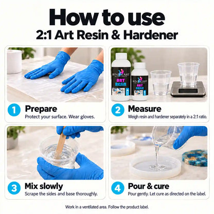 How to use Bina's Art 2:1 art resin and hardener: prepare, measure, mix, pour and cure