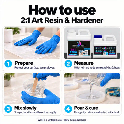 How to use Bina's Art 2:1 art resin and hardener: prepare, measure, mix, pour and cure