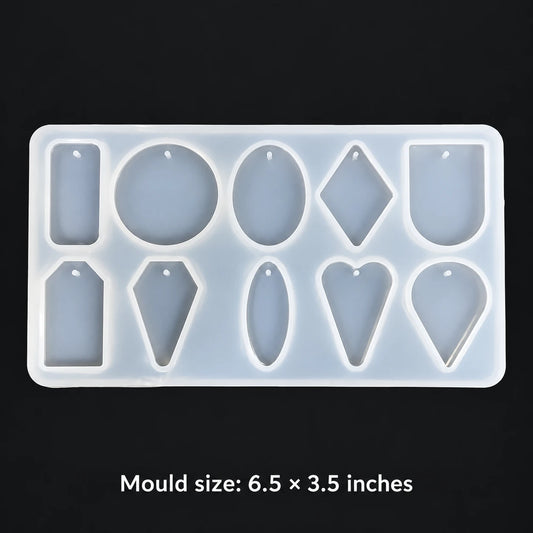 10 Cavity Jewellery & Pendant Silicone Resin Mould — white silicone mould; mould size 6.5 × 3.5 inches