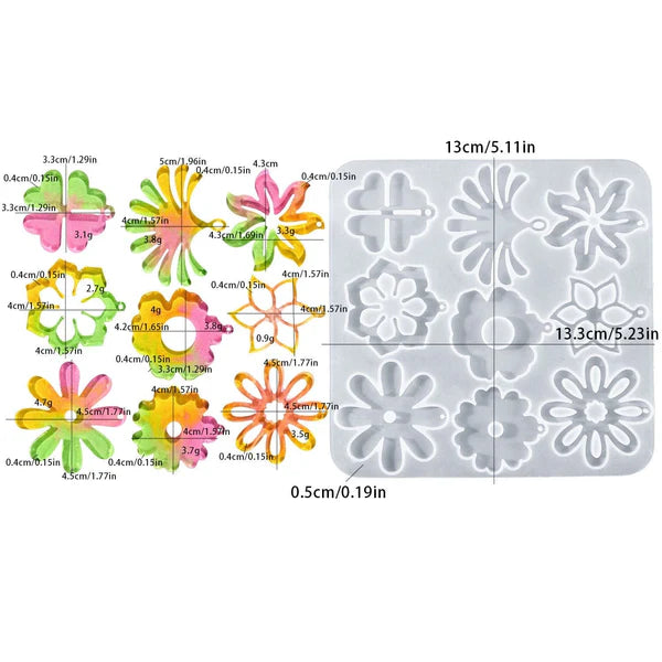 9 Cavity Floral Designs Earring,Pendant & Keychain Mould