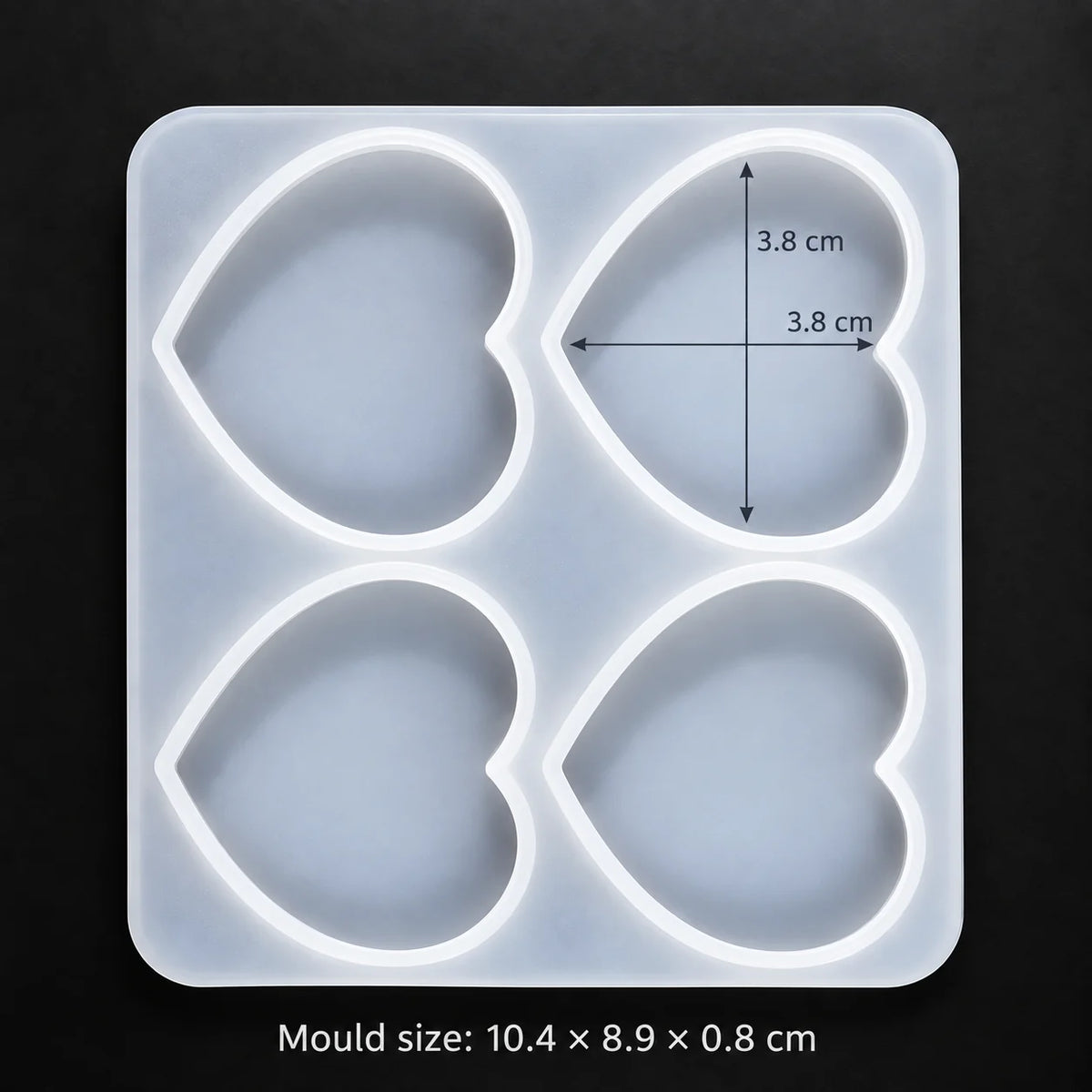 4 Cavity Heart Silicone Resin Mould for Jewellery — mould size 10.4 × 8.9 × 0.8 cm