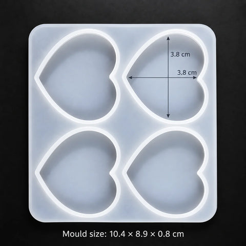 4 Cavity Heart Silicone Resin Mould for Jewellery — mould size 10.4 × 8.9 × 0.8 cm