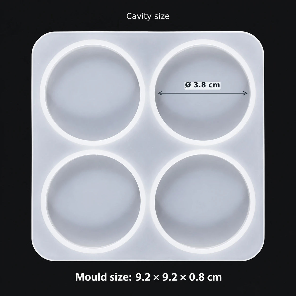 4 Cavity Round Keychain & Pendant Silicone Resin Mould — white silicone mould; mould size 9.2 × 9.2 × 0.8 cm