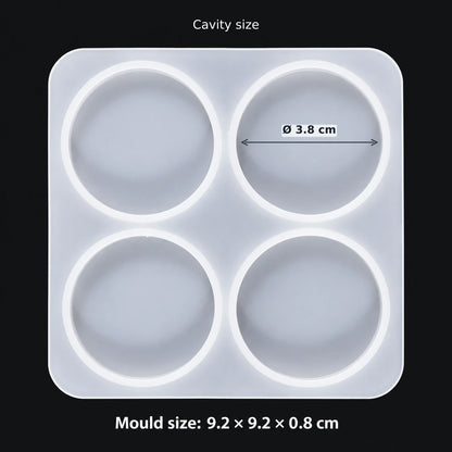 4 Cavity Round Keychain & Pendant Silicone Resin Mould — white silicone mould; mould size 9.2 × 9.2 × 0.8 cm