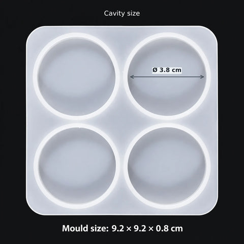 4 Cavity Round Keychain & Pendant Silicone Resin Mould — white silicone mould; mould size 9.2 × 9.2 × 0.8 cm