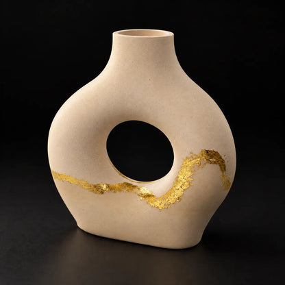 Smooth matte cream donut vase with gold detail, example finished cast