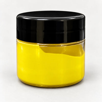 Lemon Yellow Transparent Pigment in a clear jar with a black lid