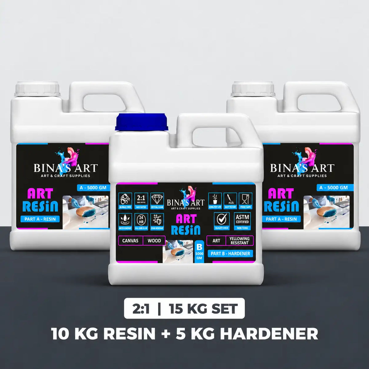Bina's Art 15 KG resin and hardener set: 2 cans × 5000 g Part A and 1 can × 5000 g Part B