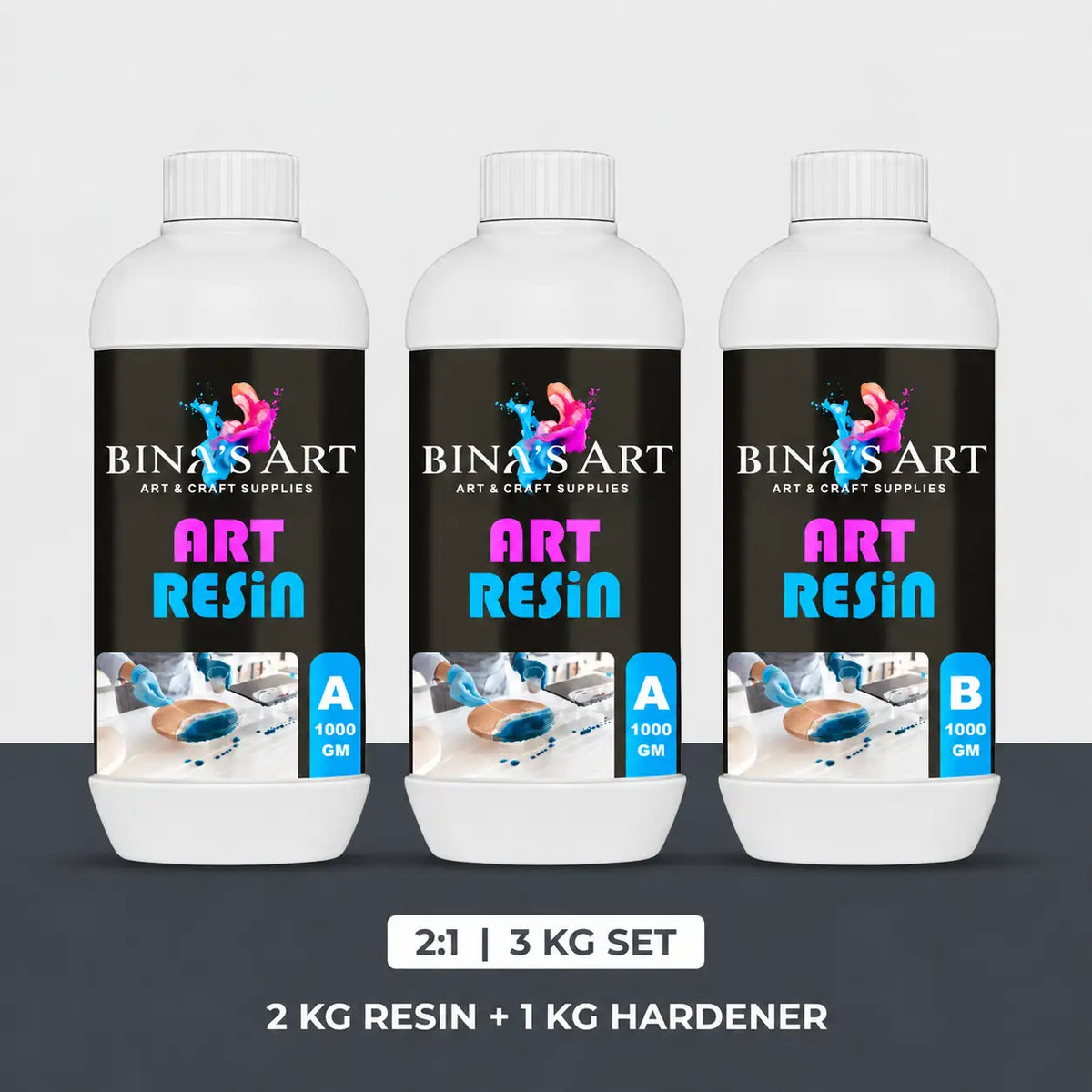 Bina's Art 3 KG resin and hardener set: 2 bottles × 1000 g Part A and 1 bottle × 1000 g Part B
