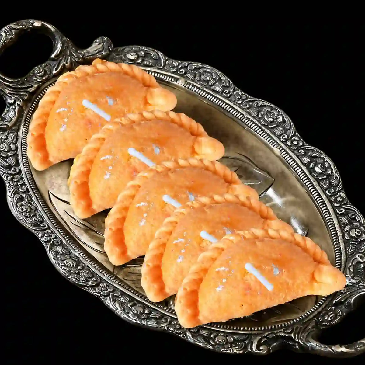 2 Cavity Gujiya Shape Candle Mould — finished example