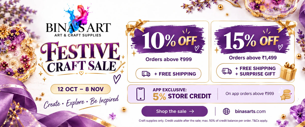 Festive Craft Sale, 12 October–8 November. 10% off orders above ₹999 with free shipping; 15% off orders above ₹1,499 with free shipping and a surprise gift. App orders above ₹999 earn 5% store credit for use after the sale. Craft supplies only; terms apply.