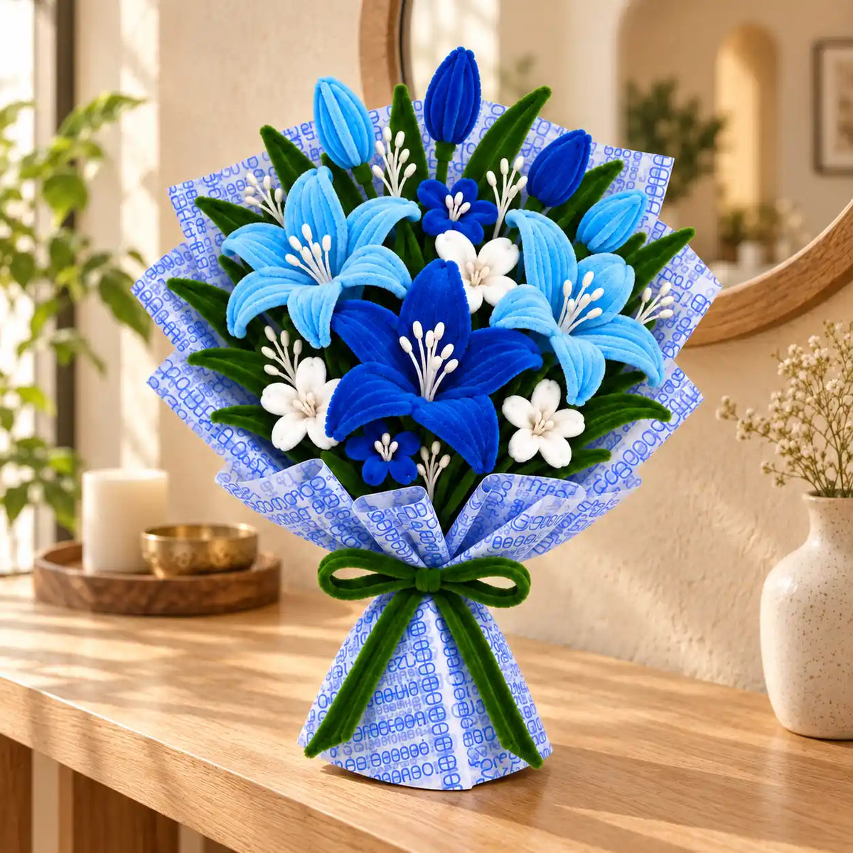 Blue handmade pipe cleaner flower bouquet displayed in a warm interior