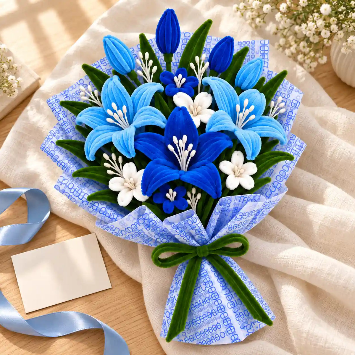 Blue pipe cleaner lily bouquet gift detail view