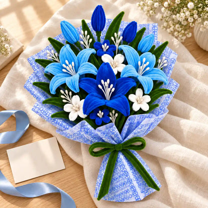 Blue pipe cleaner lily bouquet gift detail view