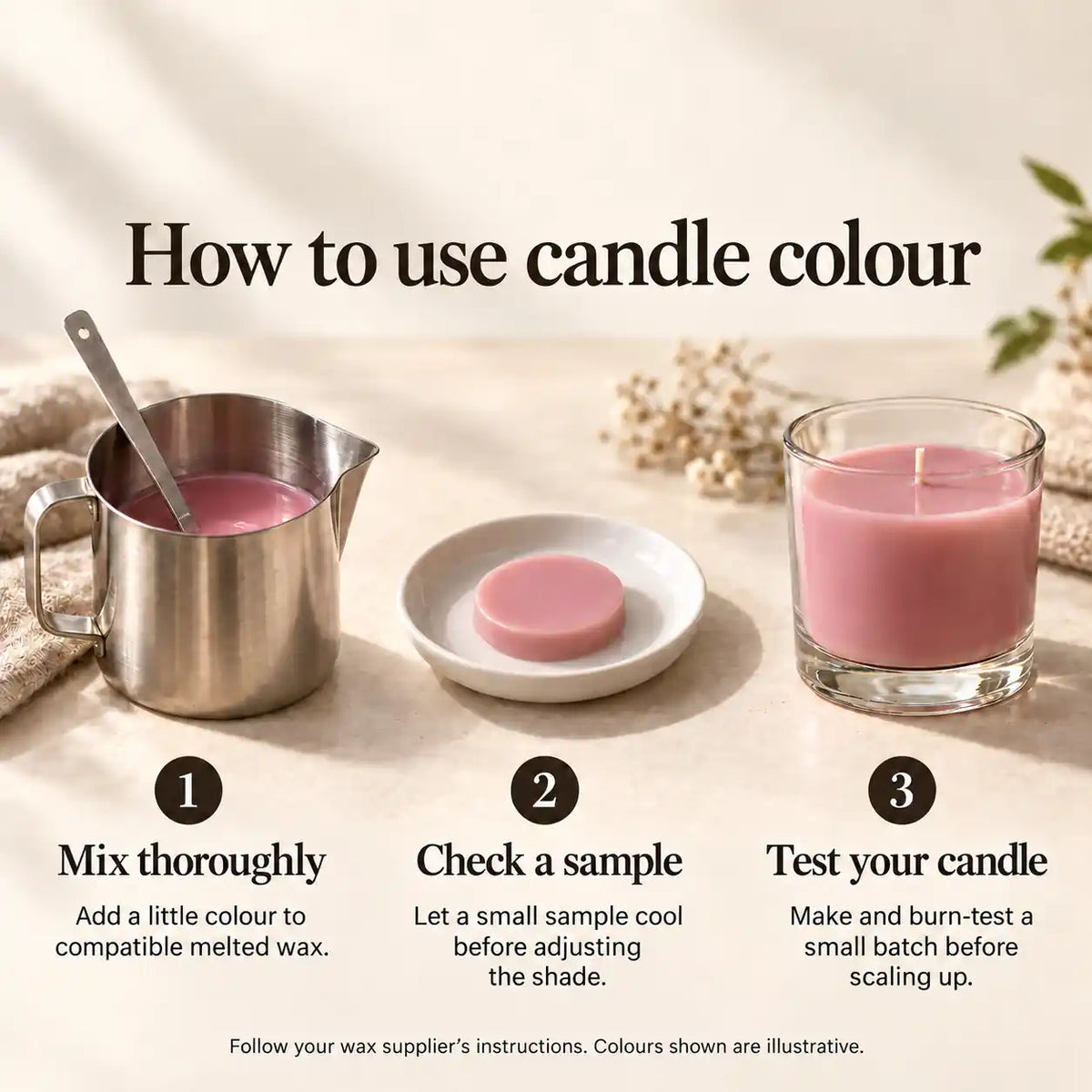 How to use candle colour: mix thoroughly, check a cooled sample and test your candle.