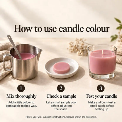 How to use candle colour: mix thoroughly, check a cooled sample and test your candle.