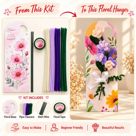 DIY Pipe Cleaner Floral Hanger Kit – Petal Flowers with materials and finished design example