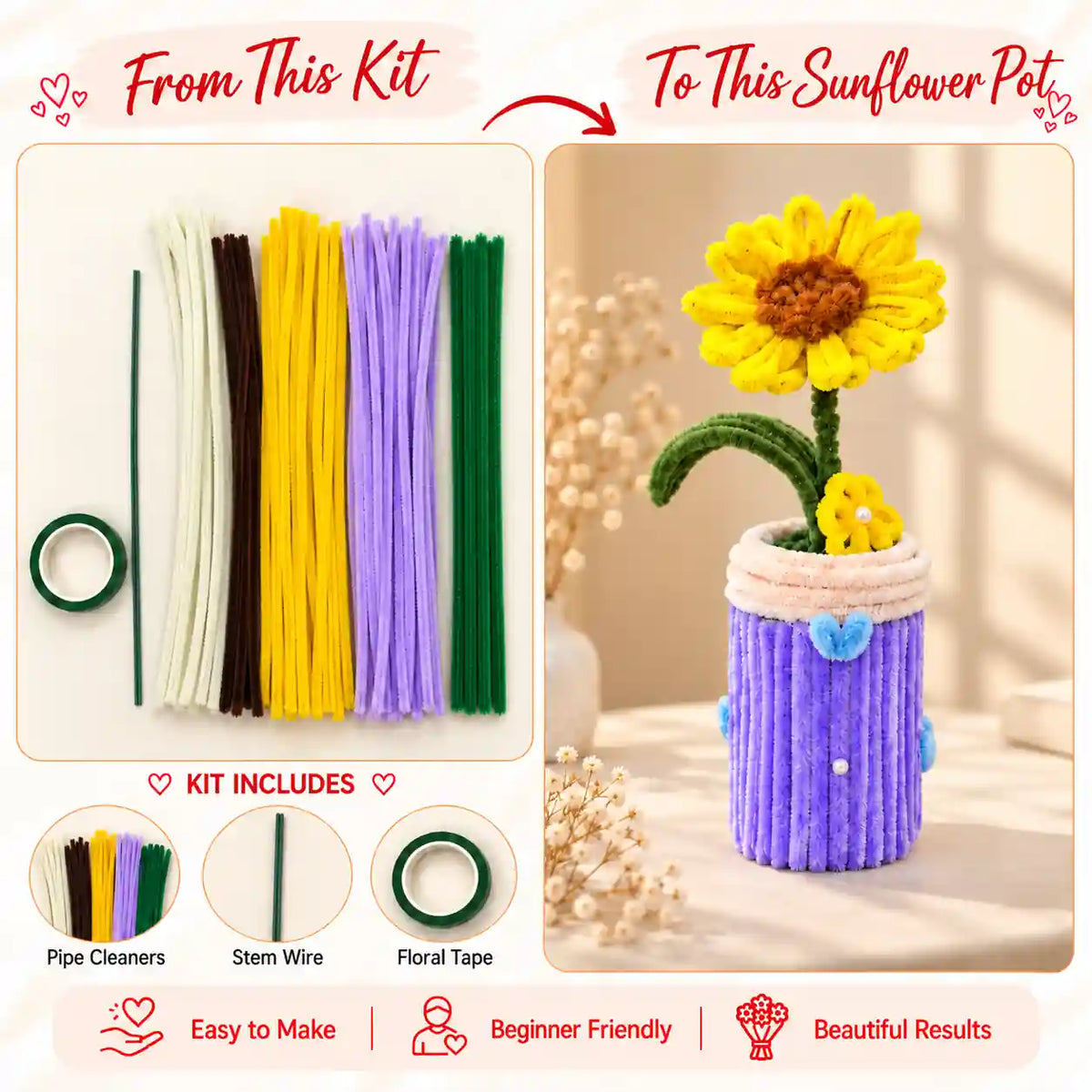 DIY Pipe Cleaner Sunflower Pot Craft Kit with materials and finished design example
