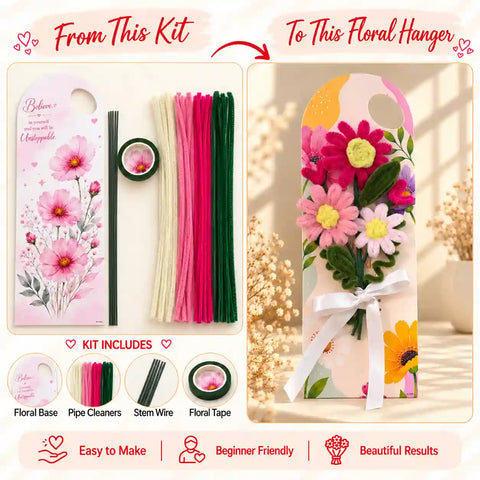 DIY Pipe Cleaner Floral Hanger Kit – Daisy Flowers with materials and finished design example