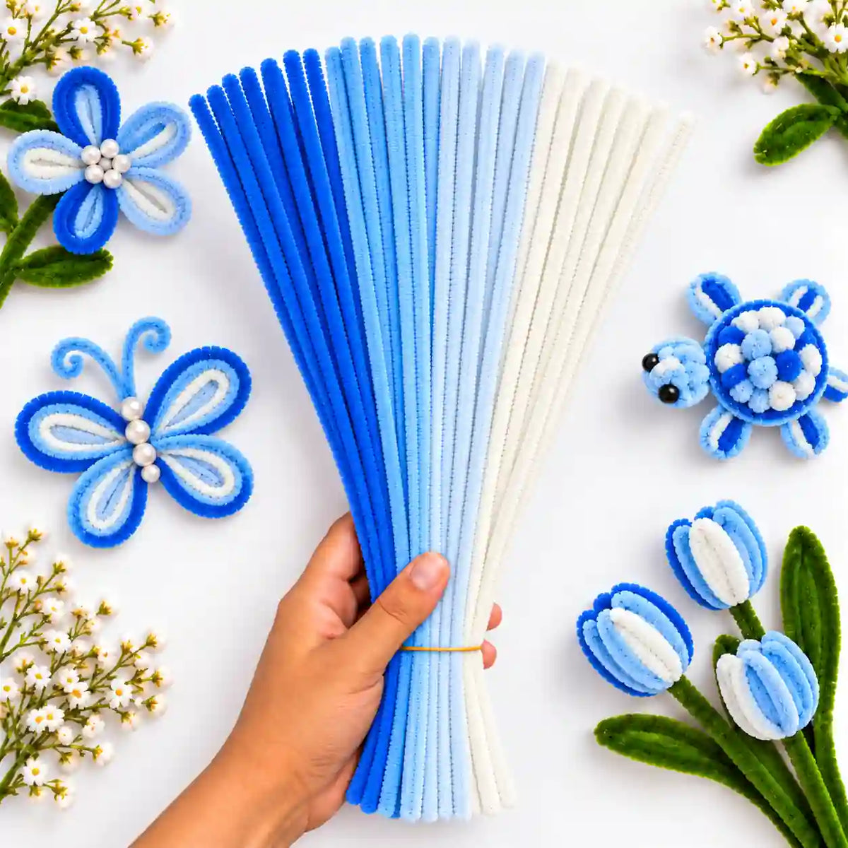 Baby Boy Mix 6 mm fluffy pipe cleaners in Royal Blue, Sky Blue & White, with craft examples