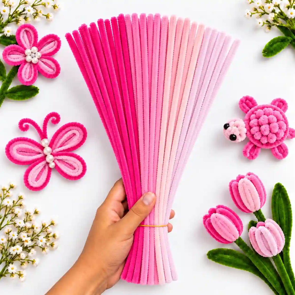 Baby Girl Theme Mix 6 mm fluffy pipe cleaners in Baby Pink, Light Pink, Hot Pink & Dark Pink, with craft examples