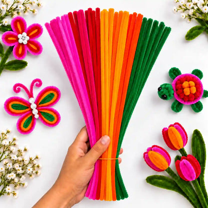 Diwali Bright Mix 6 mm fluffy pipe cleaners in Green, Red, Orange, Pink & Yellow, with craft examples