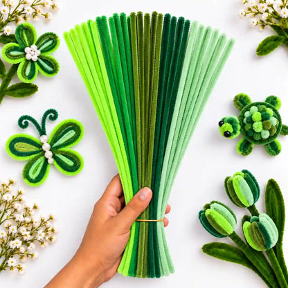 Green Family Mix 6 mm fluffy pipe cleaners in Lime Green, Bright Green, Mint Green & Dark Green, with craft examples