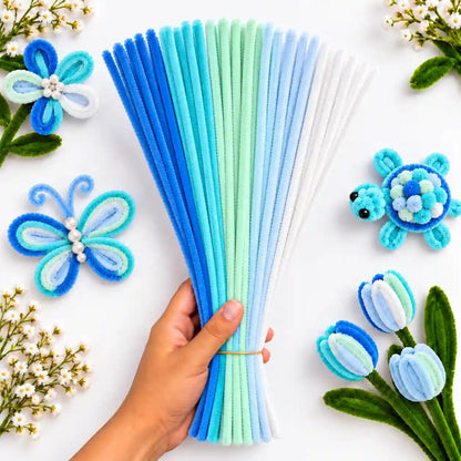 Ocean Theme Mix 6 mm fluffy pipe cleaners in Royal Blue, Aqua Blue, White & Mint Green, with craft examples