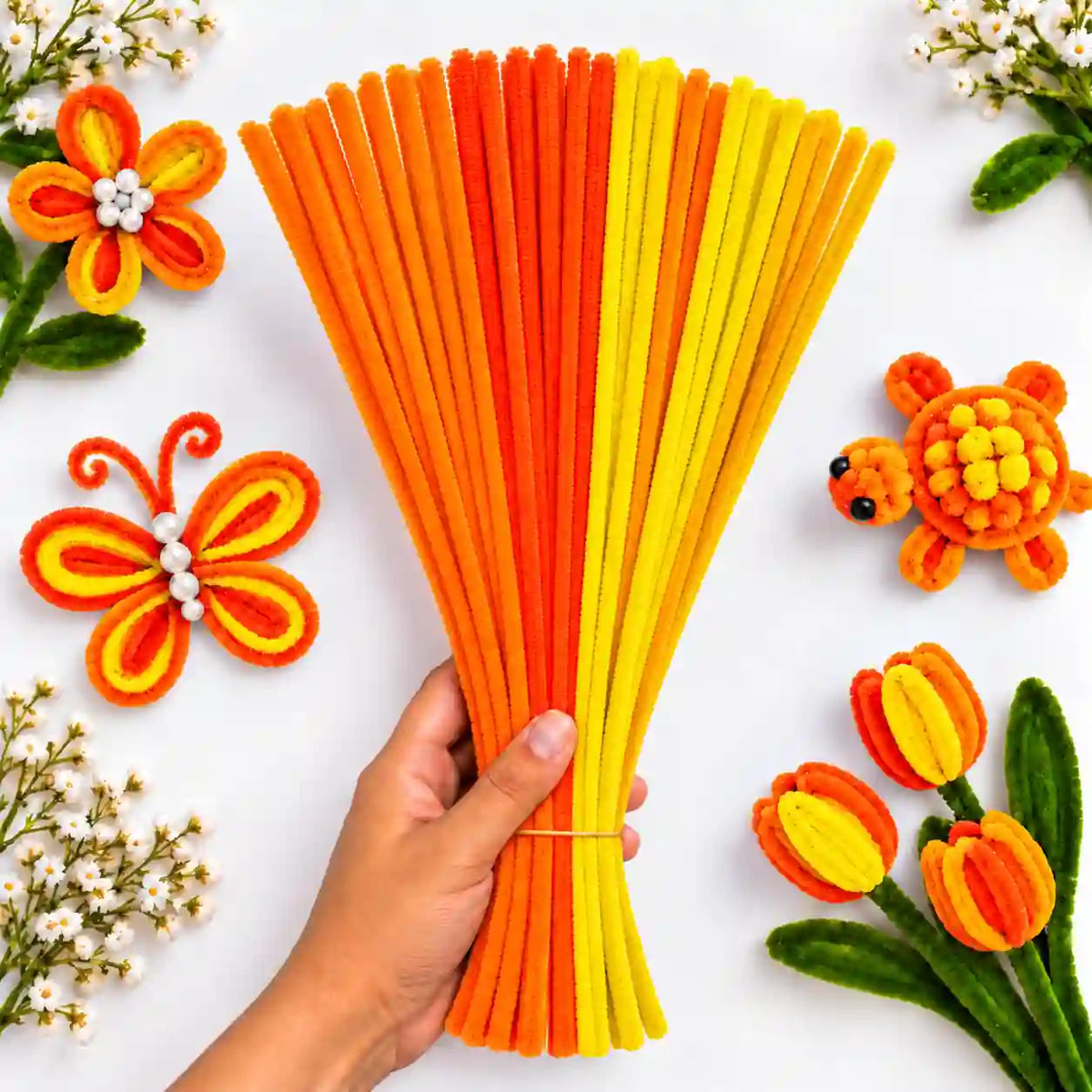 Orange Family Mix 6 mm fluffy pipe cleaners in Orange, Yellow & Golden Yellow, with craft examples