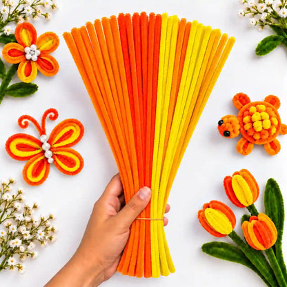 Orange Family Mix 6 mm fluffy pipe cleaners in Orange, Yellow & Golden Yellow, with craft examples