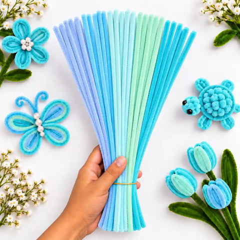 Pastel Blue Family Mix 6 mm fluffy pipe cleaners in Mint Blue, Aqua Blue, Sky Blue & Periwinkle, with craft examples
