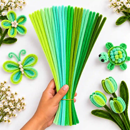 Pastel Green Family Mix 6 mm fluffy pipe cleaners in Lime Green, Mint Green, Aqua & Dark Green, with craft examples