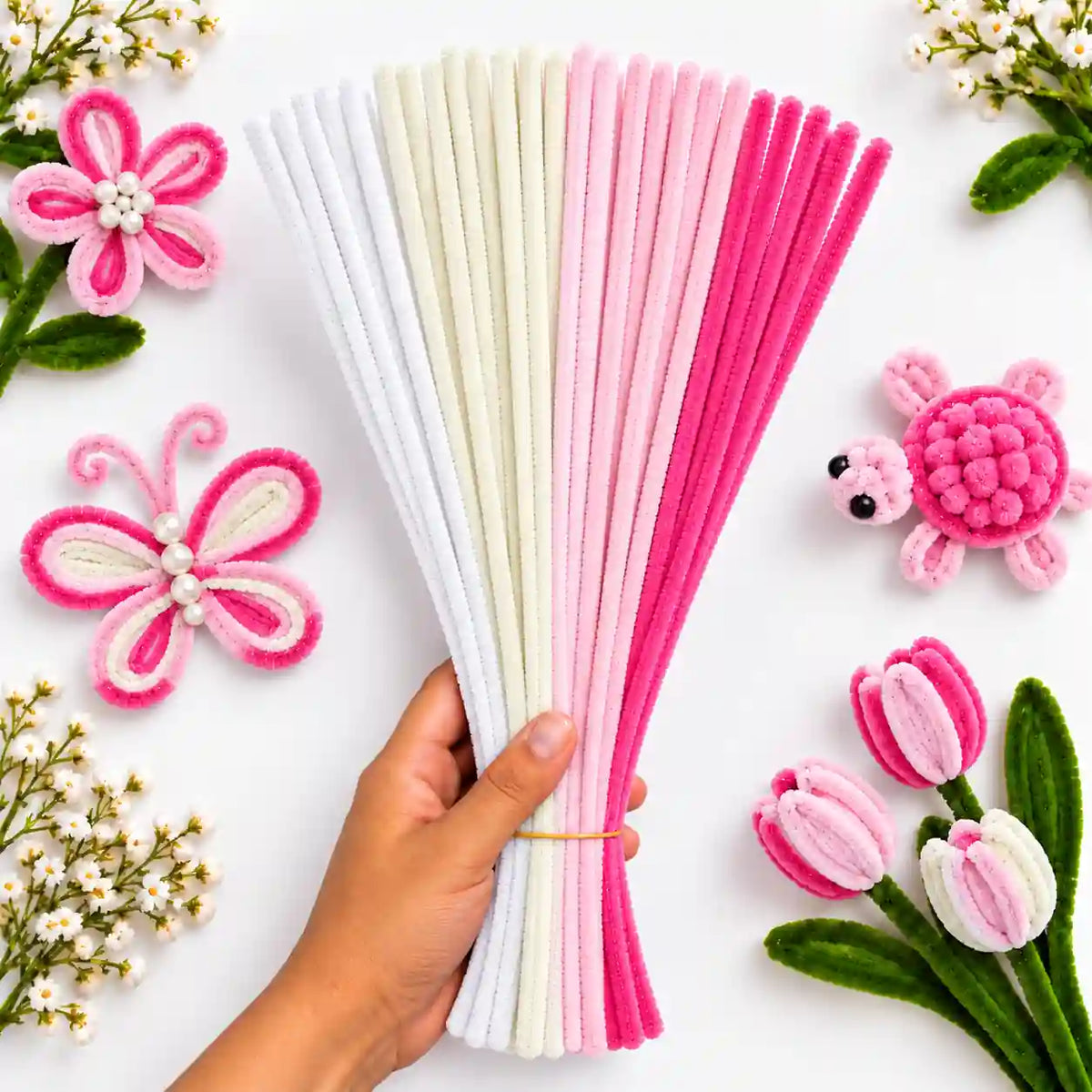 Pink Family Mix 6 mm fluffy pipe cleaners in White, Cream, Baby Pink & Hot Pink, with craft examples